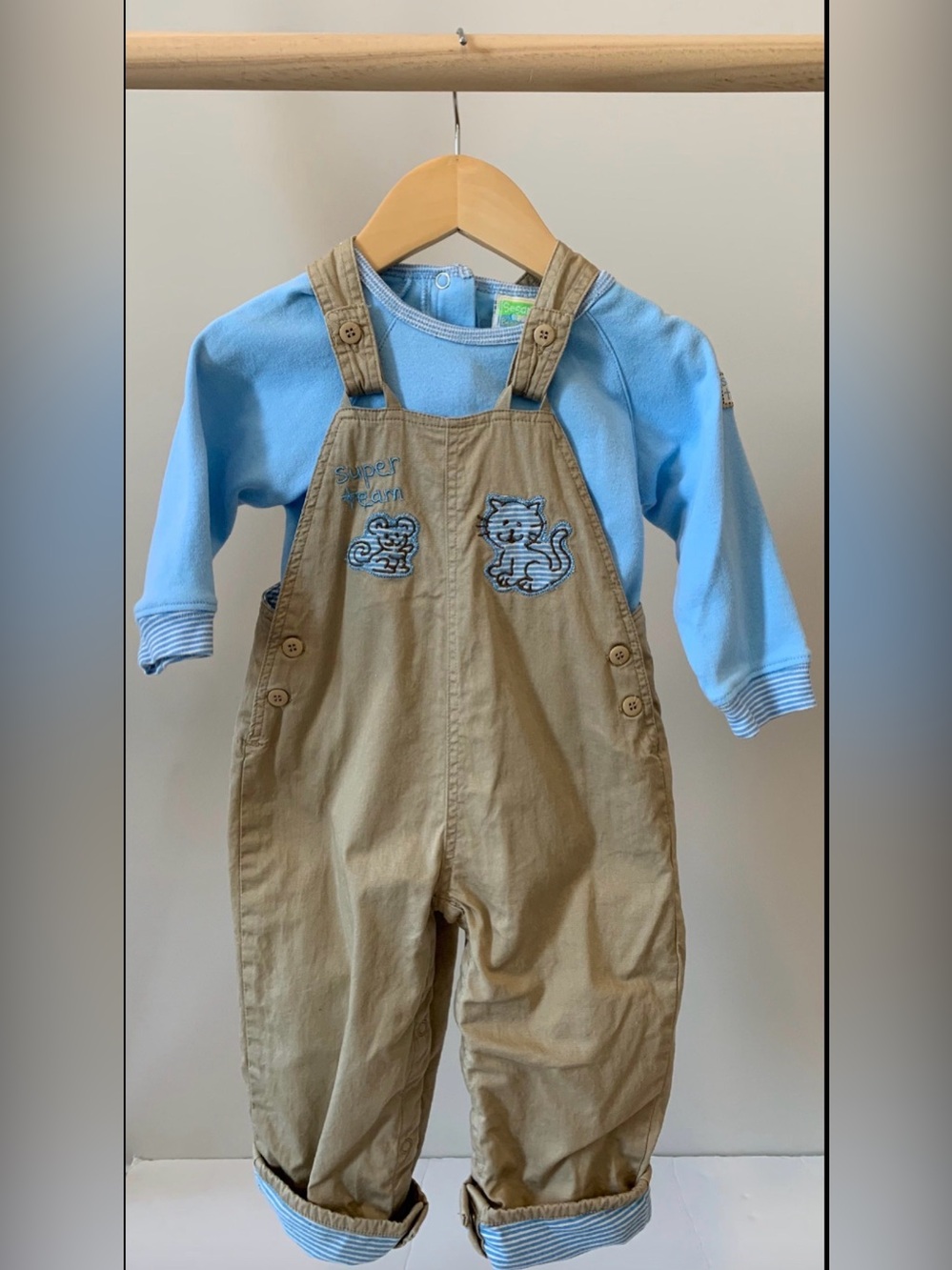 Vintage Sesame Beginnings Overalls with Light Blue Long-Sleeve Onesie Set - 18M